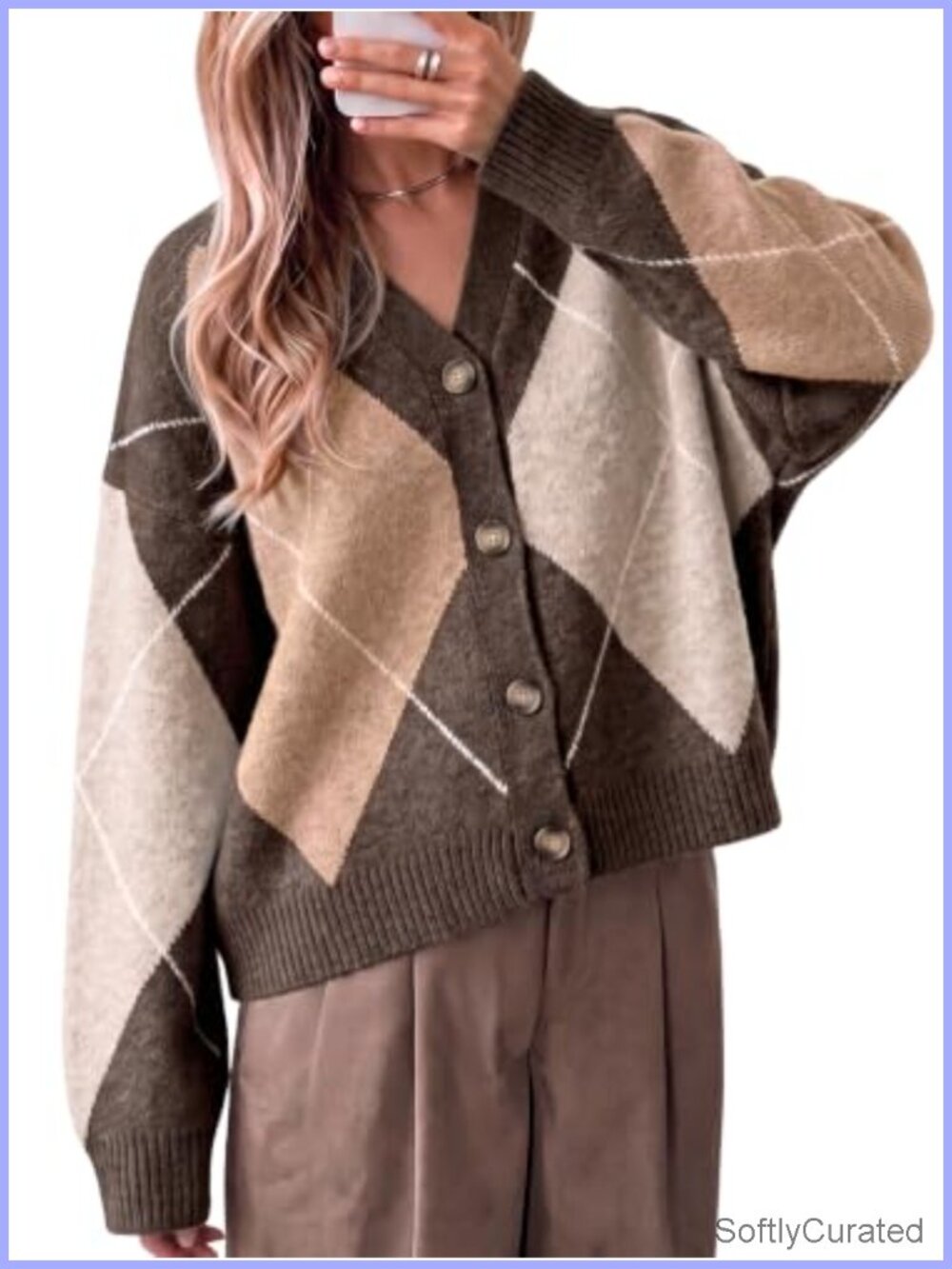 Plaid Color Block Cardigan V Neck Long Sleeve Knit Sweater